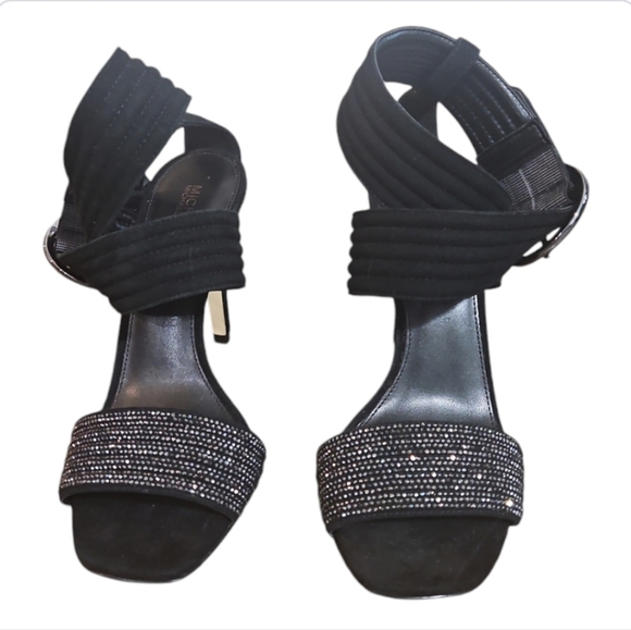 Michael Kors Black Suede Heel Sandals Crisscross Straps Embellished New sz 7.5 - Picture 4 of 12